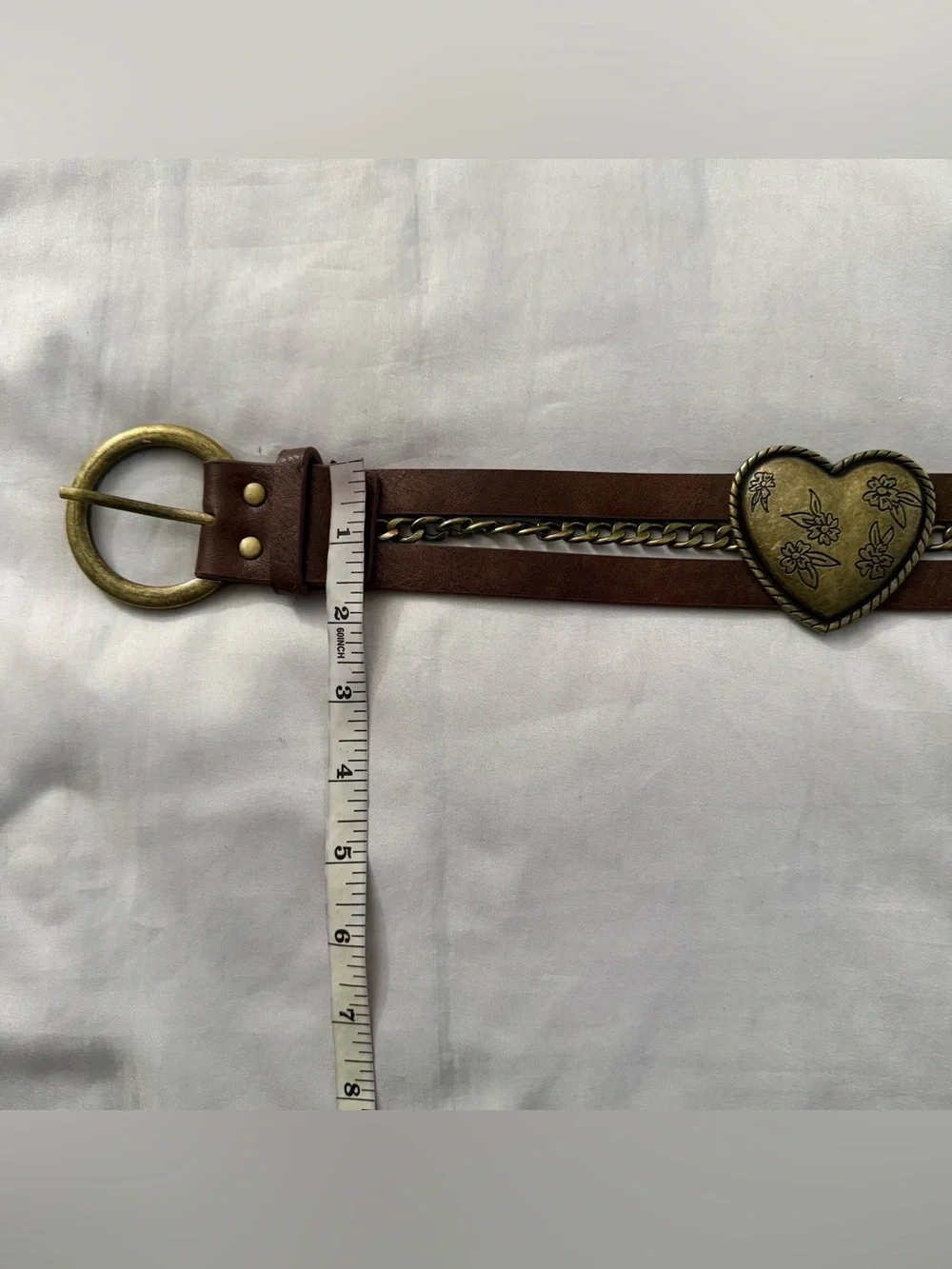 Brown PU leather belt gold tone buckle with heart and chains details